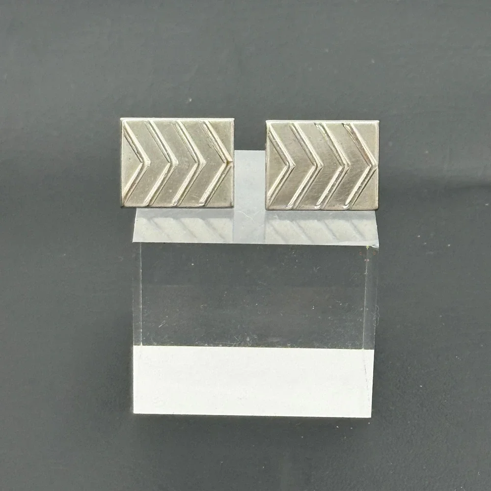 Vintage Silver Tone Chevron Geometric Rectangular Bullet Back Cufflinks Mens